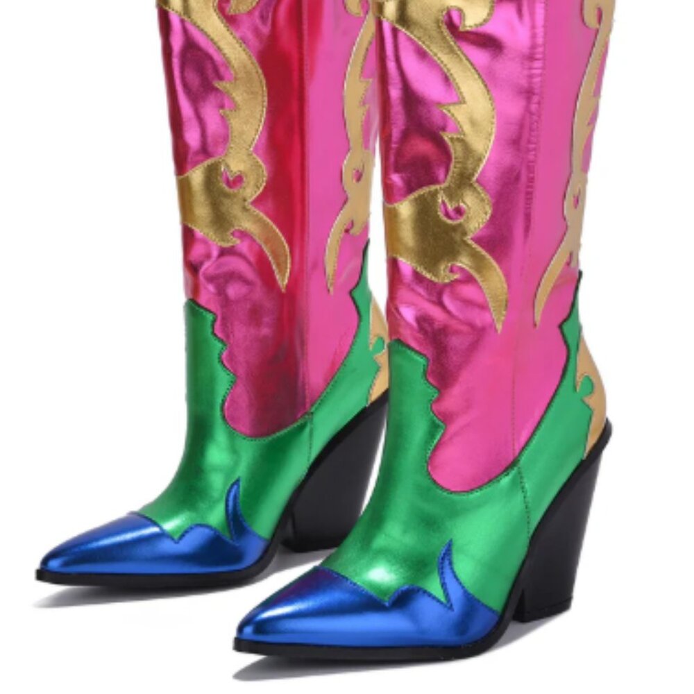 Juliana Metallic Color Block Western Cowboy Boots - Pink